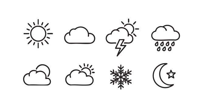 Weather icon set sun clouds and partly sunny in outline style