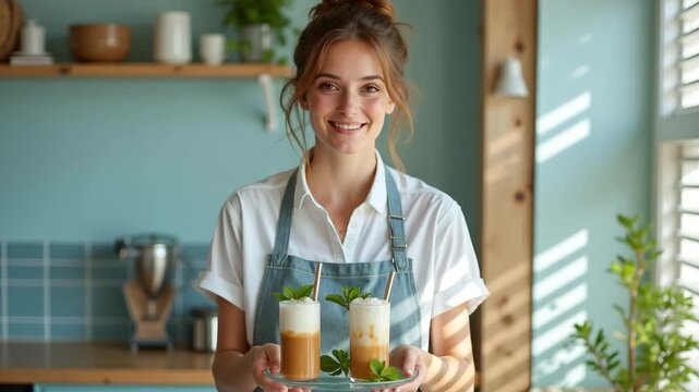 Bright caf&eacute; portrait of a cheerful barista