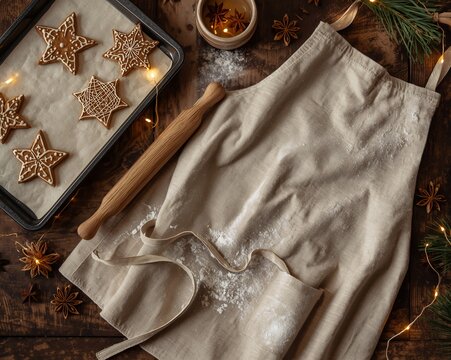 Rustic baking table with dough and cookie cutters