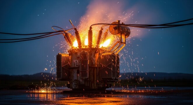 Electrical fault at transformer leads to sparks and fire near transmission lines, creating dangerous conditions for city utilities.