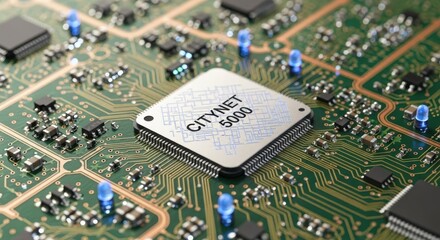 Obraz premium Close up of a circuit board showcasing urban communications technology. Circuit board with microchips, resistors, and traces illustrates complex connectivity, reflecting advanced technology.