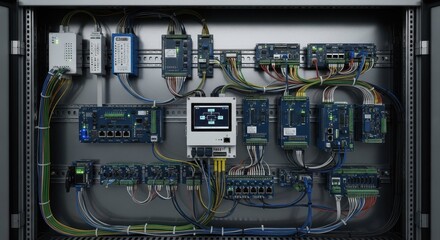 Depiction of urban communications with complex wiring and electronics installed in a panel. Intricate urban communications setup,