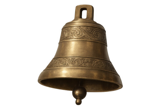 Antique brass bell with ornate decorative patterns and clapper. Symbolizing sound, notification, and old traditions on transparent background