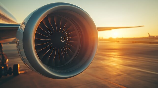 Close-up jet engine at sunset
