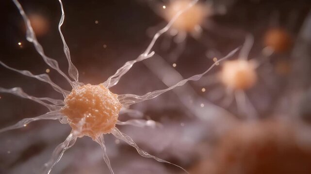 Microscopic digital scene of transparent cytoplasm and filamentous actin structures forming networks around a nucleus, representing cellular mechanics, tissue biology, and modern biotechnological