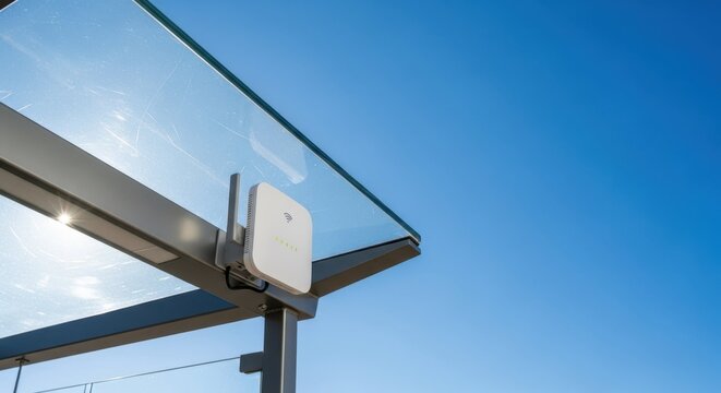 Modern urban communications infrastructure with wifi access point against cloudless sky, offering connectivity in city. Urban communications involve wireless technologies, - Powered by Adobe