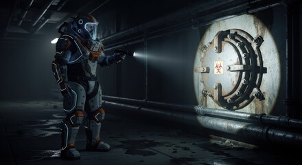Man in protective suit with flashlight near large door. Protective suit protects individual in tunnel, man shines flashlight at door in underground. Concept protective suit for urban utilities.