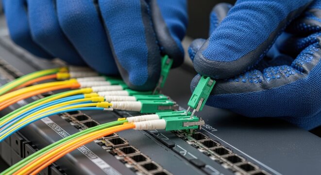 Urban communications network being installed by technician wearing gloves, fiber optic connections being plugged into a switch. Installation of urban communications system requires precision,