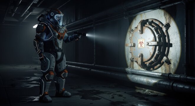 Man in protective suit with flashlight near large door. Protective suit protects individual in tunnel, man shines flashlight at door in underground. Concept protective suit for urban utilities.