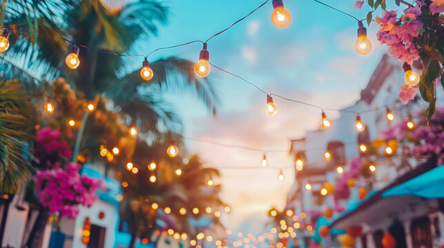 Warm glow of vintage string lights illuminating vibrant tropical street at dusk, adorned with palm trees and colorful bougainvillea flowers - Powered by Adobe