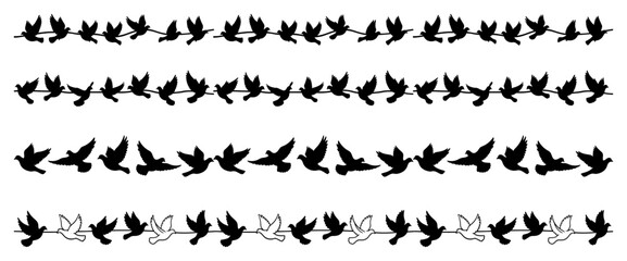 Flying doves silhouette borders set – seamless bird divider vector illustration