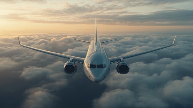 Airplane soaring through clouds at sunset