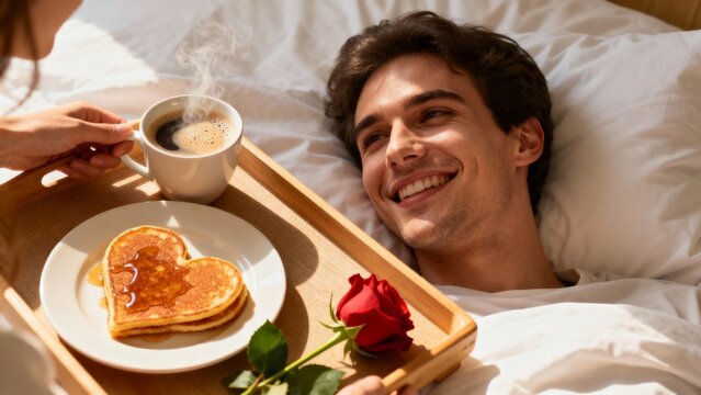 Young man smiling while receiving breakfast in bed for Valentine's Day  