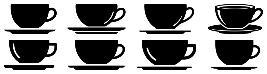 Set of Coffee Cup and Saucer Icons. Vector Black Silhouette for Cafe and Restaurant Menu.