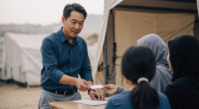 outdoor community service event with diverse group exchanging information cards