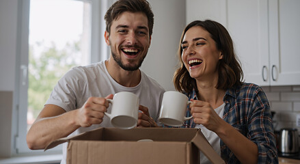 cheerful couple unpacking kitchenware in new home, enjoying joyful moments together