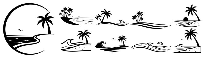 Tropical Beach and Palm Tree Logo Icon Set. Summer Island Vacation Vector Silhouette Collection.