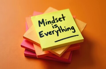 Yellow sticky note on top of colorful notes says mindset is everything. Motivation and success concept. Reminder note for personal development and education.