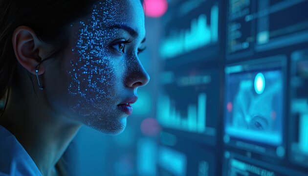 Young female scientist with glowing facial recognition grid analyzes complex big data charts. Works in dark futuristic laboratory with many computer screens. Engineer develops modern artificial