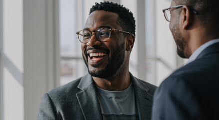 Obraz premium happy black man in glasses laughing with colleague in bright office setting