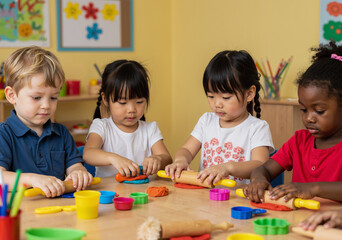 diverse group of children engaging in creative play with modeling clay in classroom
