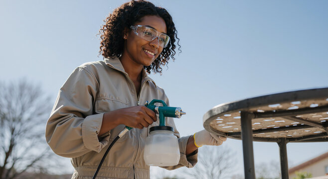 young woman spray painting outdoor metal table in sunny garden with safety goggles