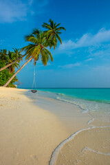 Tranquil closeup calm sea water waves with palm trees. Swing on the tree. Tropical island beach landscape exotic shore coast. Summer vacation, holiday amazing nature. Relax paradise, Maldives.