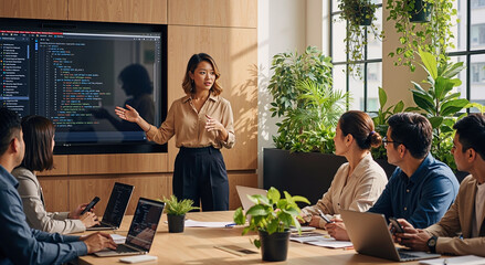 asian businesswoman presenting code in modern office to attentive colleagues during daytime