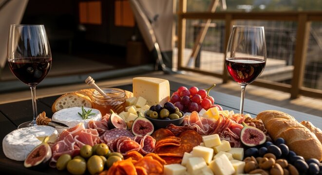 delicious cheese and charcuterie platter with red wine on patio in warm evening light