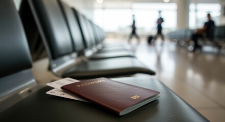 passport and boarding pass on airport seat with travelers in the background