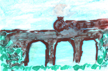 Train, locomotive, transport, travel, trip, bridge.. Art, painting. Encaustic, art decoration, sketch. Illustration hand drawn modern, hot wax new