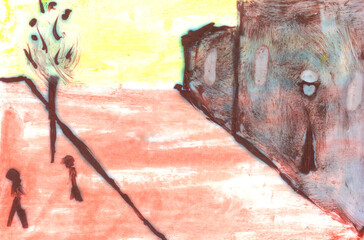 Cityscape, city, people, abstraction. Art, painting. Encaustic, art decoration, sketch. Illustration hand drawn modern, hot wax new