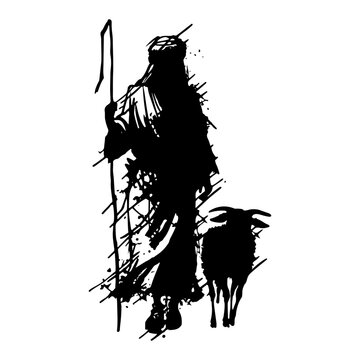 Wandering Shepherd With Lamb Walking Staff Grunge Sketch Sacred Vector Illustration