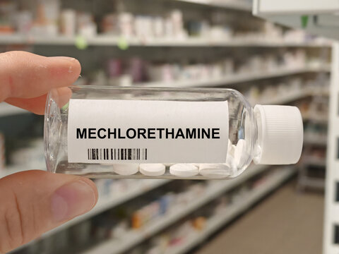 Box of MECHLORETHAMINE tablets on a hospital pharmacy table used to treat cancers an alkylating chemotherapy.