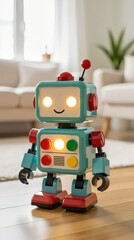 Colorful toy robot smiling on wooden flooring in a pale living room, concept of playful nostalgia and creativity.