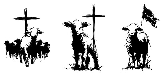 Lamb With Cross Christian Symbol Grunge Silhouette Flock Vector Illustration