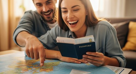 joyful couple planning european vacation with guidebook and map on cozy living room table