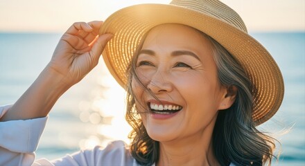 joyful asian elderly woman enjoying sunset at the beach wearing sunhat and white shirt