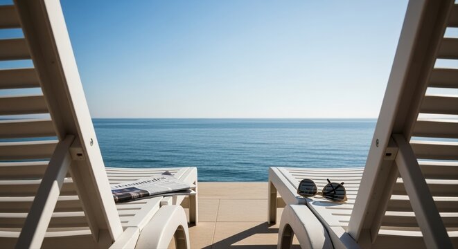 peaceful ocean view from two empty lounge chairs on a sunny day by the poolside - Powered by Adobe