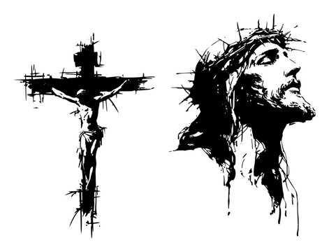 Crucifixion of Jesus Christ Grunge Vector Set Abstract Sketch of the Passion with Crown of Thorns