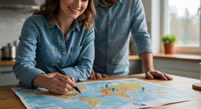 young couple planning travel destinations with world map and markers in cozy kitchen