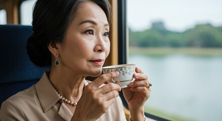 thoughtful asian senior woman enjoying tea by window on tranquil train journey