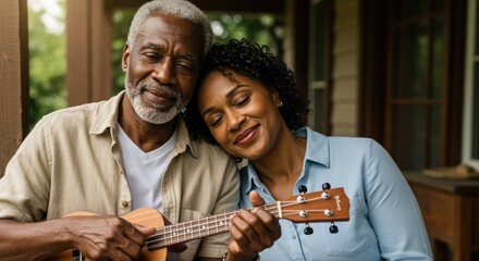 afro-american couple enjoying leisure time with ukulele on porch in serene summer afternoon