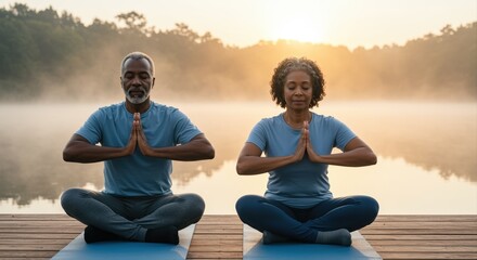 calm senior couple meditating at serene lake during sunrise practicing yoga mindfulness