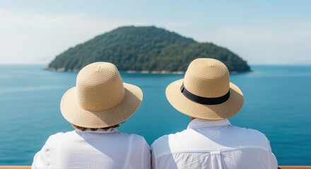 elderly couple in straw hats enjoying island view from cruise ship on a sunny day