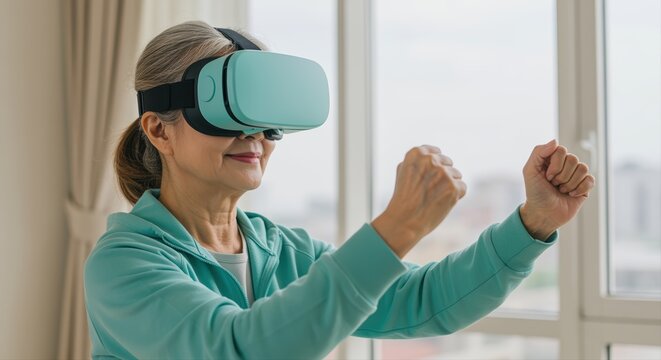 elderly woman in teal hoodie experiencing virtual reality technology at home - Powered by Adobe