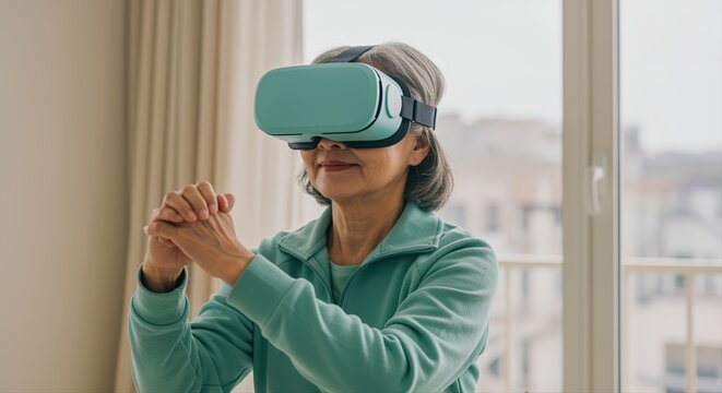 senior woman experiencing virtual reality with headset in a bright cozy living room - Powered by Adobe