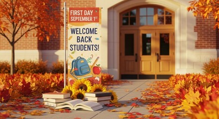 Welcome back students to school building decorated with fall leaves and books in autumn season. Welcome back students message with school supplies creates a welcoming environment for returning pupils,