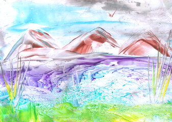 Vivid mountain landscape, mountains, sky, nature. Art, painting. Encaustic, art decoration, sketch. Illustration hand drawn modern, hot wax new
