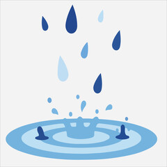 Illustration of blue water droplets falling into a puddle with ripples on a white background in a flat graphic style.
